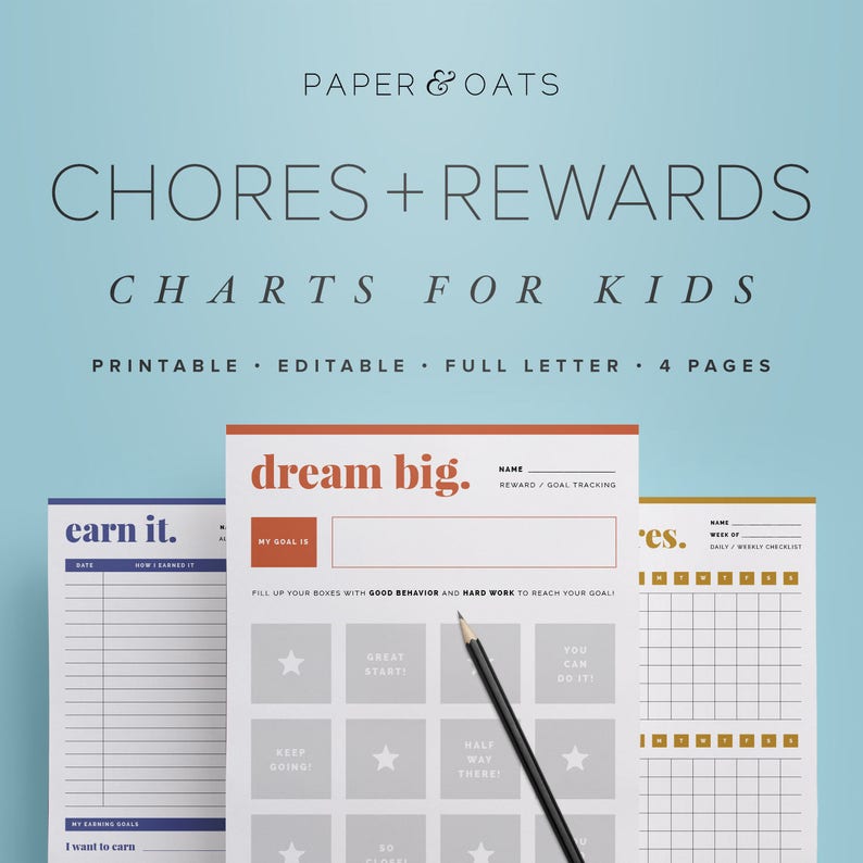 May include: Printable chore and reward charts for kids. The charts feature colourful designs with titles like "earn it", "dream big", and "res".