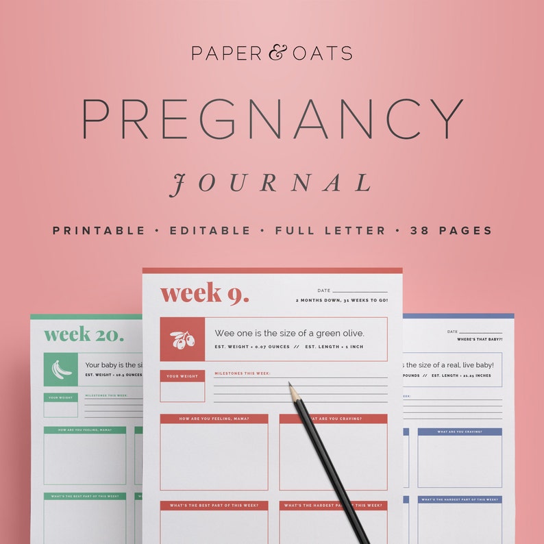 May include: A printable pregnancy journal with two pages shown. The left page is for week 20 and shows a banana illustration. The right page is for week 9 and shows an olive illustration. Both pages have sections for tracking weight, milestones, feelings, cravings, and the best and hardest parts of the week.