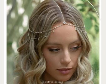 Cadena para el cabello estilo boho con cristales / Joyería nupcial para la frente / Accesorios para el cabello de boda para mujer, regalo