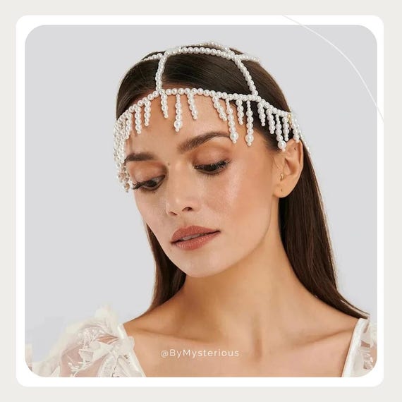 Pearl Fringe Headpiece, Crystal Cap Head Chain, Bridal  display picture 2