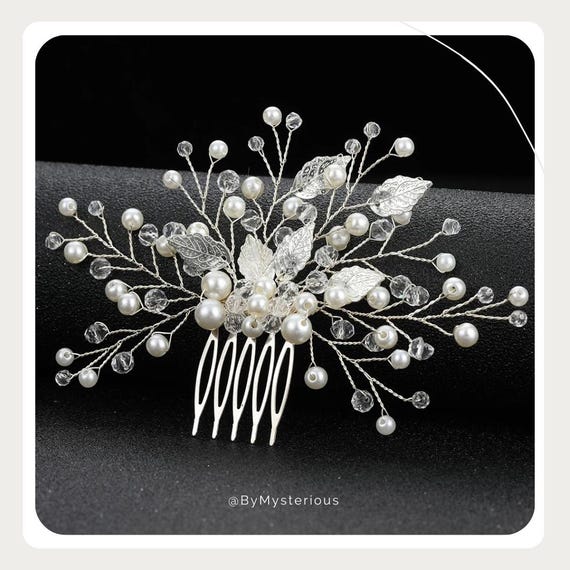 Crystal Pearl Bridal Hair Comb: Leaf Design Wedding Hair 