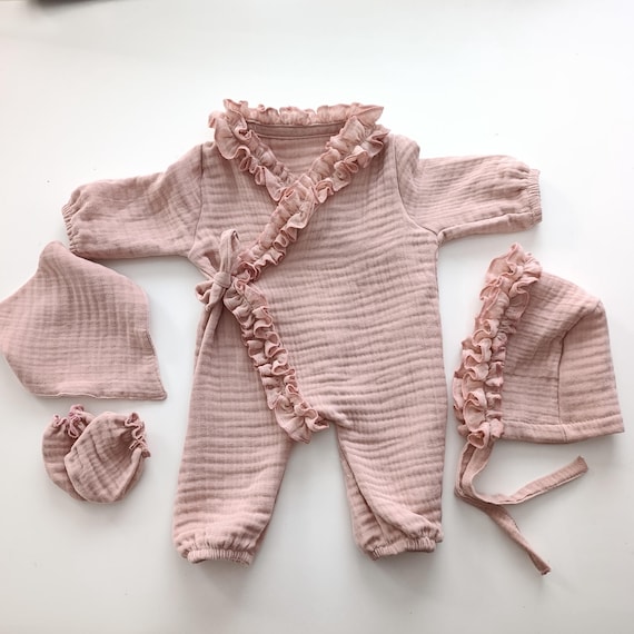 Dusty Rose Ruffle Muslin Baby Girl Set – Newborn Romper, Bonnet, Mittens, Booties