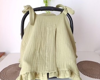 Sage Green Muslin Car Seat Cover | 100% Cotton Baby Canopy, Newborn Carrier Protection