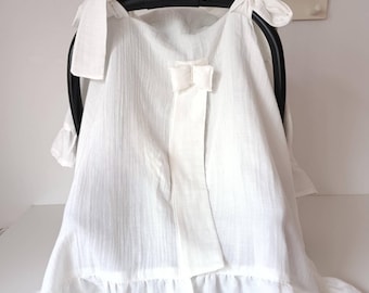 Ecru Muslin Baby Car Seat Cover – Bow Canopy, Newborn Stroller Cover, Breathable Cotton