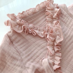 Dusty Rose Ruffle Muslin Baby Girl Set – Newborn Romper, Bonnet, Mittens, Booties image 3
