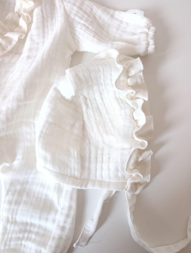 Dusty Rose Ruffle Muslin Baby Girl Set – Newborn Romper, Bonnet, Mittens, Booties image 9