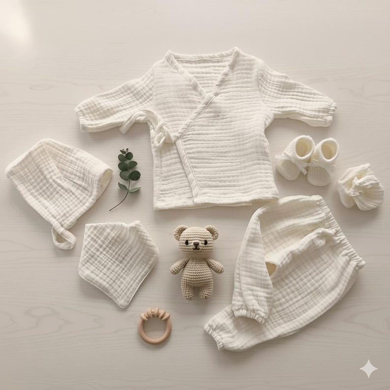 K&ouml;nnte beinhalten: Eine Auswahl an Babykleidung und Accessoires in Creme. Das Set beinhaltet ein Wickeloberteil, eine Hose, eine M&uuml;tze, ein L&auml;tzchen, Babyschuhe und einen kleinen geh&auml;kelten Teddyb&auml;ren. Ein Bei&szlig;ring aus Holz und ein Zweig Gr&uuml;nzeug sind ebenfalls enthalten.