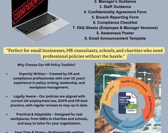 Può includere: Immagine promozionale per un Confidentiality Policy Toolkit. L'immagine presenta un laptop con un timbro "CONFIDENTIAL", un elenco di elementi inclusi e una grafica circolare con le parole "COMPLY AND CREATE". Il testo include "Scarica subito. Modifica facilmente. Implementa oggi."