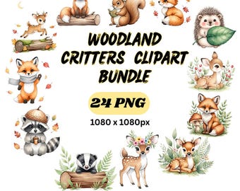 Imágenes prediseñadas de animales del bosque en acuarela: Paquete de imágenes PNG de bosque otoñal (descarga digital)