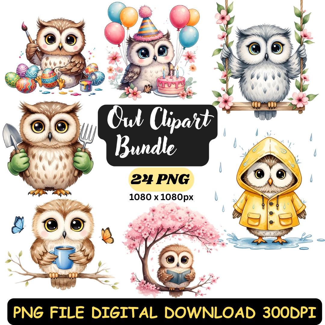 Owl Clipart Bundle | 24 Woodland Owl PNGs | Watercolor Forest Bird Illustrations for Sticker