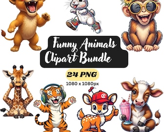 Funny Animal Clipart Bundle | 24 Cartoon PNGs (Digital Download)