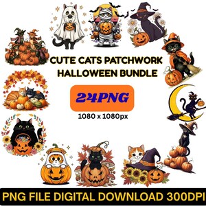Puede incluir: Un paquete de arte digital con lindos gatos con disfraces de Halloween. La imagen incluye gatos disfrazados de momias, brujas y fantasmas, con calabazas y murciélagos. El texto dice "CUTE CATS PATCHWORK HALLOWEEN BUNDLE" y "24PNG".