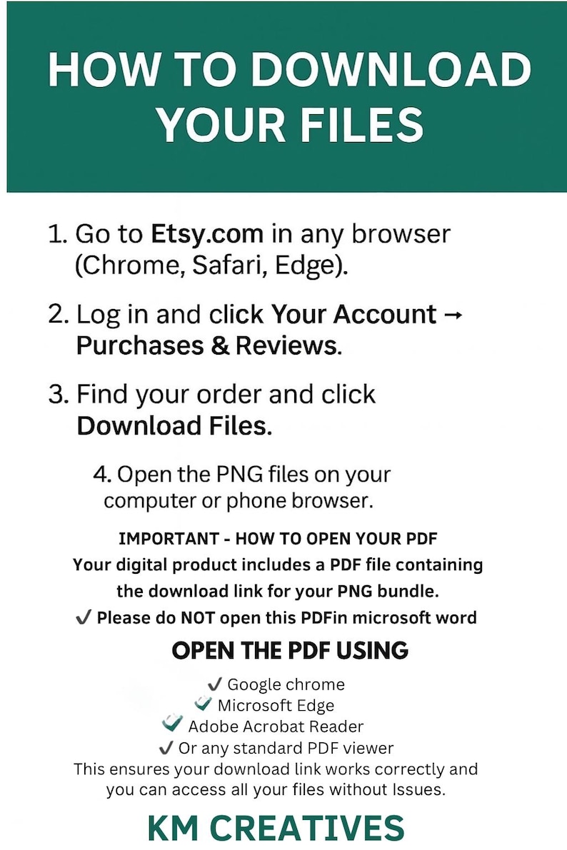 May include: A teal and white graphic with instructions on how to download files from Etsy. The text reads "HOW TO DOWNLOAD YOUR FILES" and provides step-by-step instructions, including opening a PDF using Google Chrome, Microsoft Edge, or Adobe Acrobat Reader.