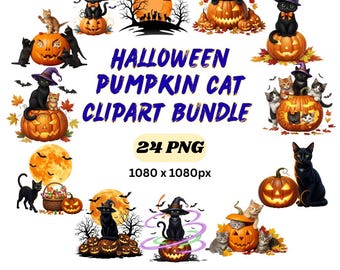 Halloween Pumpkin Cat Clipart Bundle | Witch Black Cats (PNG)