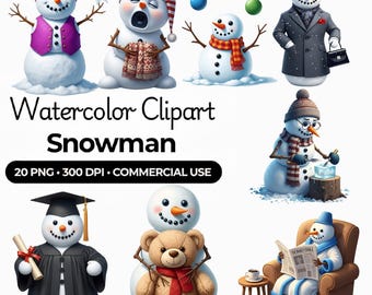 Watercolor Snowman clipart 20 png, Cute Snowman Png, winter snowman, Funny snowman clipart, Festive decor, Schneemann, Sublimation png