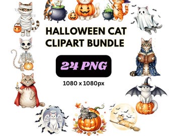 Halloween Cat Clipart Bundle | 24 Spooky PNGs (Digital Download)