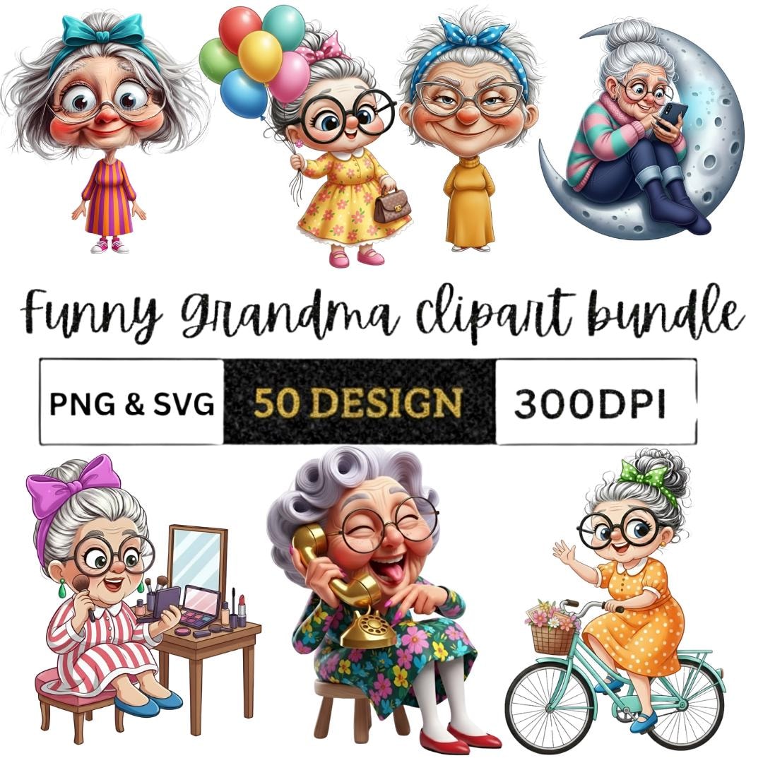 Funny Grandma Clipart Bundle 50 PNG Designs, Cute Granny Sublimation ...