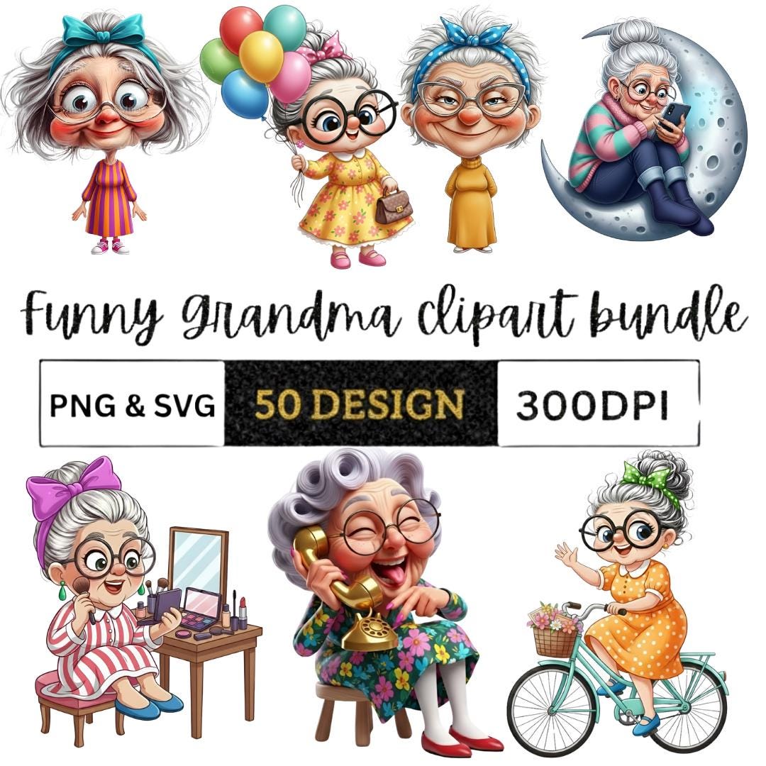 Funny Grandma Clipart Bundle 50 PNG Designs, Cute Granny Sublimation ...