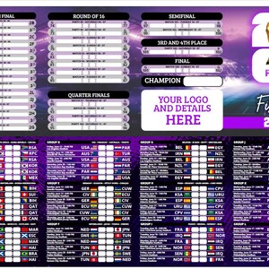 Pode incluir: Um gr&aacute;fico de jogos da Copa do Mundo FIFA 2026 em roxo e branco. Inclui hor&aacute;rios de jogos, grupos de equipes e um espa&ccedil;o para um logotipo. O trof&eacute;u da FIFA &eacute; exibido no topo.