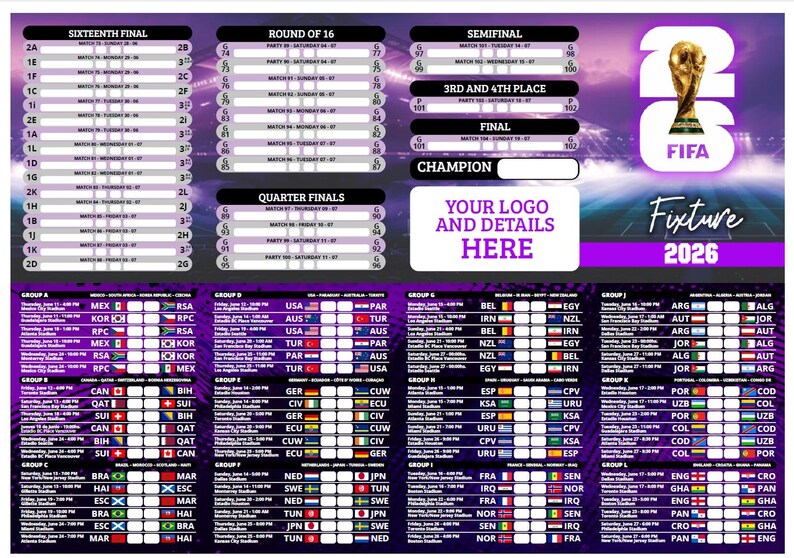 Pode incluir: Um gr&aacute;fico de jogos da Copa do Mundo FIFA 2026 em roxo e branco. Inclui hor&aacute;rios de jogos, grupos de equipes e um espa&ccedil;o para um logotipo. O trof&eacute;u da FIFA &eacute; exibido no topo.