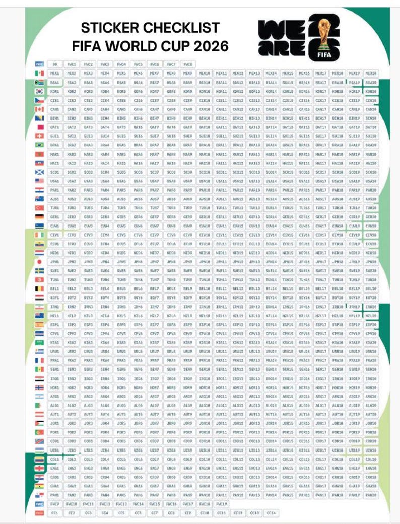 May include: A white sticker checklist for the FIFA World Cup 2026, featuring a grid of boxes with country flags and codes. The top of the checklist reads "Sticker Checklist FIFA World Cup 2026" with the FIFA logo.