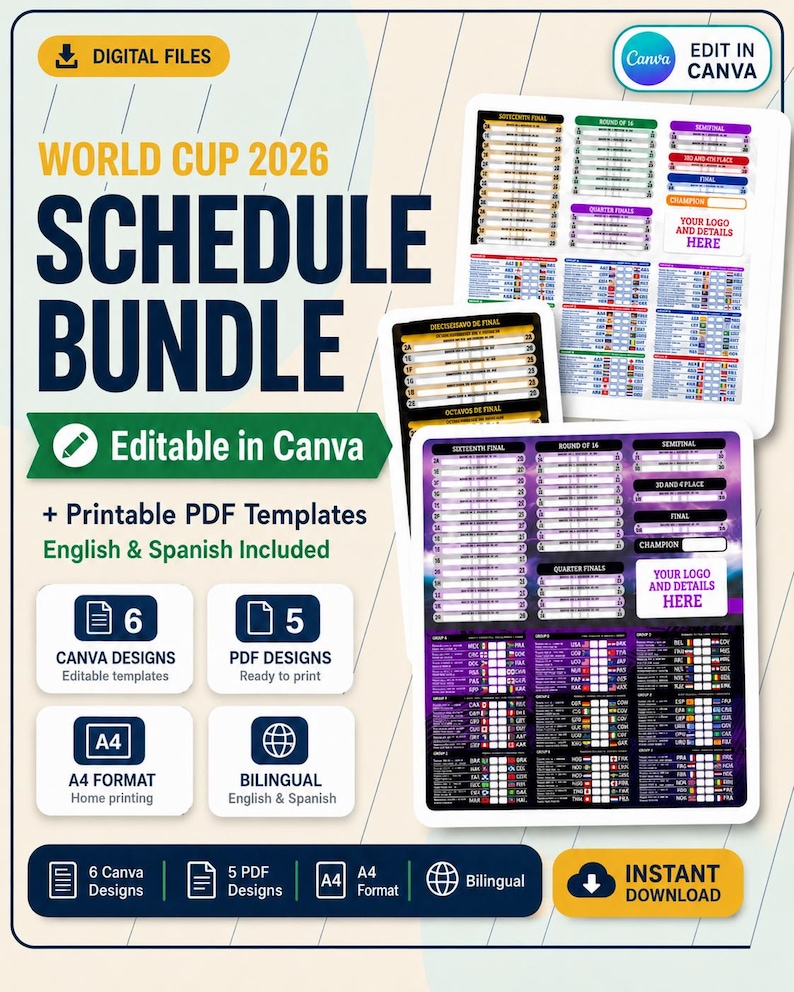 Pode incluir: Um pacote de arquivos digitais para o calend&aacute;rio da Copa do Mundo de 2026. O design inclui modelos Canva edit&aacute;veis e modelos PDF imprim&iacute;veis em ingl&ecirc;s e espanhol. O pacote inclui 6 designs Canva, 5 designs PDF e est&aacute; em formato A4.