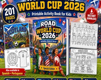 World Cup 2026 Activity Book PDF, Printable Coloring Book for Kids, Fixtures, 48 Teams, Schedule, English Spanish Portuguese