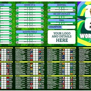 Pode incluir: Um quadro e um calend&aacute;rio coloridos do torneio da Copa do Mundo de 2026. O design inclui detalhes das partidas, bandeiras das equipes e um gr&aacute;fico do trof&eacute;u da Copa do Mundo da FIFA. O layout apresenta se&ccedil;&otilde;es para as oitavas de final, quartas de final, semifinais e final.