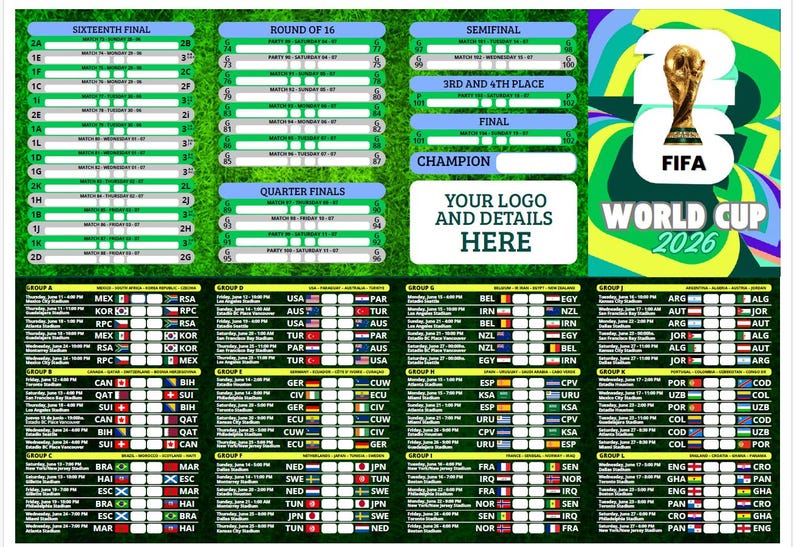 Pode incluir: Um quadro e um calend&aacute;rio coloridos do torneio da Copa do Mundo de 2026. O design inclui detalhes das partidas, bandeiras das equipes e um gr&aacute;fico do trof&eacute;u da Copa do Mundo da FIFA. O layout apresenta se&ccedil;&otilde;es para as oitavas de final, quartas de final, semifinais e final.
