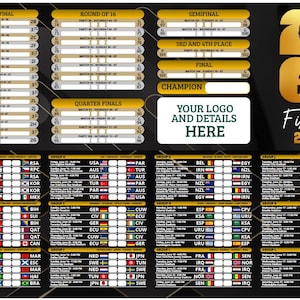Pode incluir: Um quadro de jogos do torneio FIFA 2026 com um design preto e dourado. Inclui os hor&aacute;rios dos jogos da dezasseis avos de final, oitavas de final, quartas de final, semifinais e finais. O quadro tamb&eacute;m apresenta os detalhes dos jogos da fase de grupos.