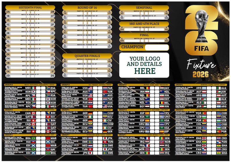 Pode incluir: Um quadro de jogos do torneio FIFA 2026 com um design preto e dourado. Inclui os hor&aacute;rios dos jogos da dezasseis avos de final, oitavas de final, quartas de final, semifinais e finais. O quadro tamb&eacute;m apresenta os detalhes dos jogos da fase de grupos.