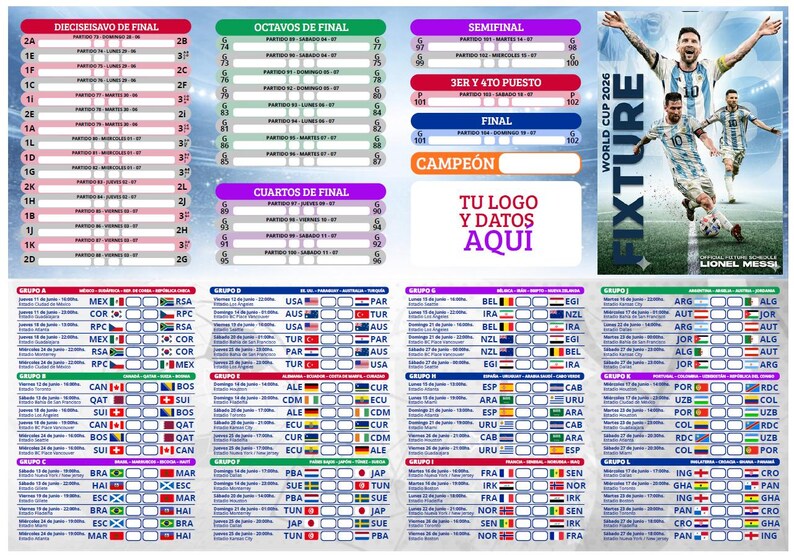 Pode incluir: Um quadro de jogos da Copa do Mundo de 2026 com bandeiras das equipes e hor&aacute;rios dos jogos. O gr&aacute;fico inclui as fases eliminat&oacute;rias do torneio, da fase de grupos &agrave; final, e uma foto de Lionel Messi.