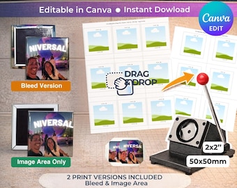 Modelo de Ímã de Geladeira Editável no Canva | Modelo de Ímã de Foto 2x2 | Arraste e Solte | A4 e Carta (EUA) | Formatos 6 e 9 | Download Instantâneo