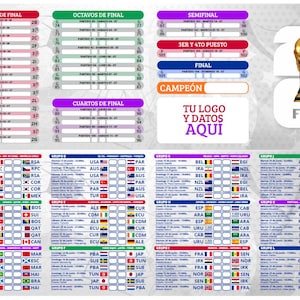 Pode incluir: Um quadro de torneio de futebol com bandeiras de equipas, hor&aacute;rios de jogos e o log&oacute;tipo da FIFA. O quadro inclui as oitavas de final, os quartos de final, as meias-finais e a final.