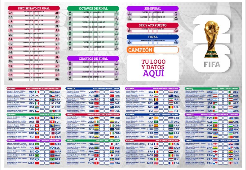 Pode incluir: Um quadro de torneio de futebol com bandeiras de equipas, hor&aacute;rios de jogos e o log&oacute;tipo da FIFA. O quadro inclui as oitavas de final, os quartos de final, as meias-finais e a final.