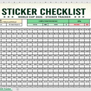 May include: A World Cup 2026 sticker checklist with a green and white design. The checklist includes sections for various countries and sticker numbers, with a completion percentage tracker. The FIFA logo is visible.