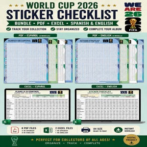 Puede incluir: Una lista de verificación digital de pegatinas para la Copa del Mundo de 2026, disponible en español e inglés. El paquete incluye archivos PDF y Excel para rastrear tu colección. El diseño presenta el texto "World Cup 2026 Sticker Checklist".