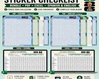 Pacchetto di checklist per gli adesivi dei Mondiali 2026 | PDF stampabile + tracker Excel | Spagnolo e inglese | Foglio di controllo per l'album di adesivi in formato A4