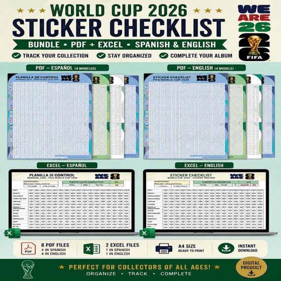 World Cup 2026 Sticker Checklist Bundle | Printable PDF + Excel Tracker | Spanish & English | A4 Sticker Album Control Sheet
