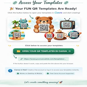 Puede incluir: Una imagen con el texto "Accede a tus plantillas" y "¡Tus plantillas QR FUN están listas!". Presenta imágenes de dibujos animados de un robot, un oso, un televisor, una taza de café, un planeta, un globo aerostático y una playa, cada uno con un código QR. La imagen promociona plantillas de Canva.