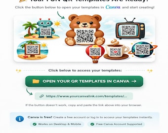 Modelli di cornici divertenti per Canva | Design di display QR modificabili | Inserisci il tuo codice QR | Modelli per insegne di piccole imprese | Download immediato