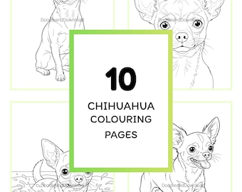 May include: A digital download featuring 10 Chihuahua coloring pages. The pages showcase detailed line art illustrations of the breed in various poses, including sitting, swimming, and running. The text reads "10 Chihuahua Colouring Pages" and "Instant Download: Ready to Print and Colour."