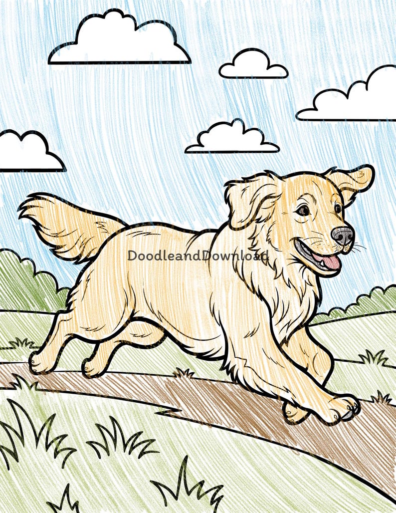 May include: A hand-drawn illustration of a golden retriever dog running across a path. The dog is light brown with a fluffy tail and ears. The background features a blue sky with white clouds and green grass.