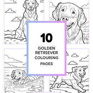 May include: A set of 10 Golden Retriever colouring pages. Each page shows a different illustration of a Golden Retriever dog in various poses, with clouds and grass in the background. The text "INSTANT DOWNLOAD: READY TO PRINT AND COLOUR" is also included.
