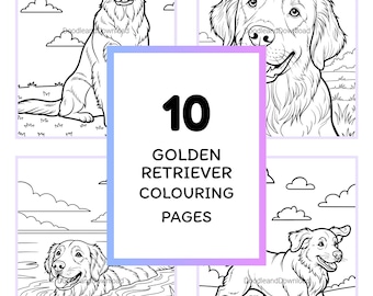 Golden Retriever hund målarbilder paket - 10 utskrivbara sidor, omedelbar digital nedladdning, aktivitet för vuxna och barn, present till hundälskare