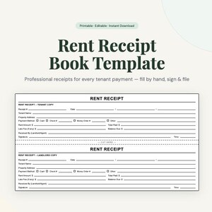 Puede incluir: Una plantilla imprimible de libro de recibos de alquiler con un diseño minimalista. La plantilla incluye secciones para copias del inquilino y del propietario, con campos para el importe del alquiler, el método de pago y la firma.