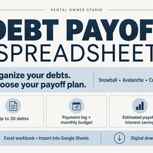 Navy and blue debt payoff spreadsheet cover. Snowball, avalanche and custom strategies, up to 20 debts, payment log, monthly budget, and estimated payoff and interest savings. Excel workbook can be imported into Google Sheets. Digital download.
