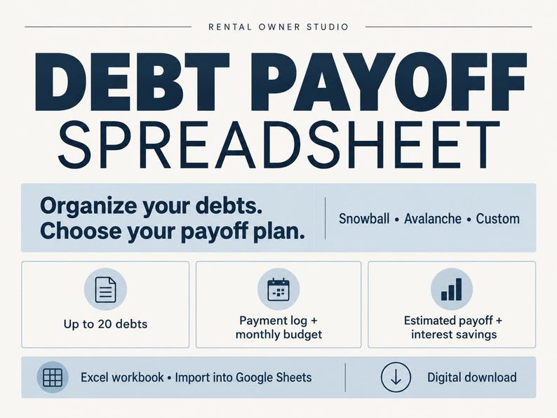 Navy and blue debt payoff spreadsheet cover. Snowball, avalanche and custom strategies, up to 20 debts, payment log, monthly budget, and estimated payoff and interest savings. Excel workbook can be imported into Google Sheets. Digital download.