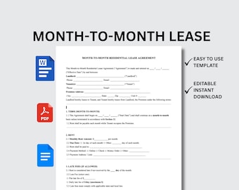 Peut inclure: Un document blanc de contrat de location résidentielle au mois avec le titre "MONTH-TO-MONTH LEASE" en texte noir gras. Le document comprend des sections pour le bailleur, le locataire et l'adresse des locaux. Icônes pour Word, PDF et un document à gauche.