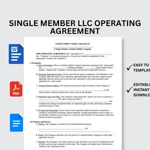 Puede incluir: Un documento de Acuerdo Operativo de LLC de Miembro Único. El documento incluye secciones sobre formación, controles del acuerdo operativo y agente registrado. Iconos de Word, PDF y un documento a la izquierda. Texto a la derecha: "Plantilla fácil de usar" y "Descarga instantánea editable."